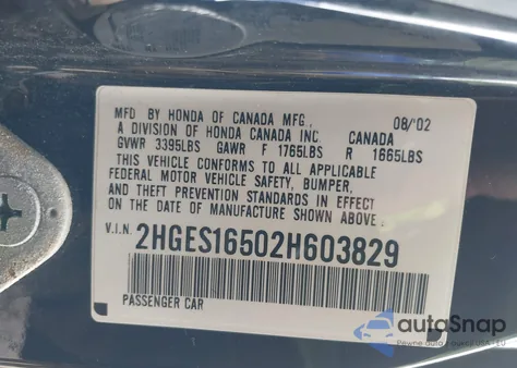 2002 Honda Civic Lx from USA, damaged, VIN 2HGES16502H603829